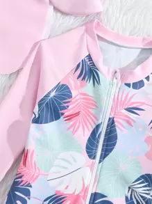 SHEIN Baby Girl Leaf Print Zipper Front One Piece Swimsuit With Swim Cap Baby Girl Swimming, Baby Girl Beachwear - Multicolor - View 3