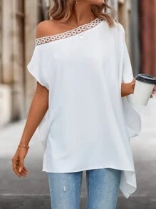 SHEIN Clasi 鏤空蕾絲花邊不對稱領蝙蝠袖襯衫 - 白色 - 查看 6