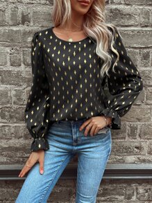 SHEIN LUNE Allover Geo Print Flounce Sleeve Blouse - Black - View 1