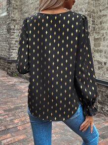 SHEIN LUNE Allover Geo Print Flounce Sleeve Blouse - Black - View 2