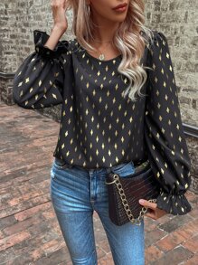 SHEIN LUNE Allover Geo Print Flounce Sleeve Blouse - Black - View 3