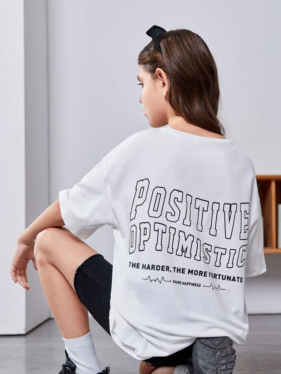 SHEIN Girls Slogan Graphic Drop Shoulder Tee - White - View 1