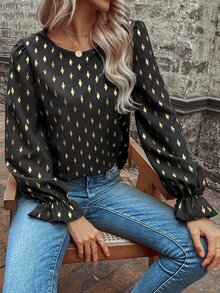 SHEIN LUNE Allover Geo Print Flounce Sleeve Blouse - Black - View 4