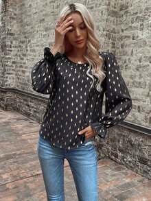 SHEIN LUNE Allover Geo Print Flounce Sleeve Blouse - Black - View 5