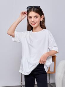 SHEIN Girls Slogan Graphic Drop Shoulder Tee - White - View 3