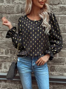SHEIN LUNE Allover Geo Print Flounce Sleeve Blouse - Black - View 6