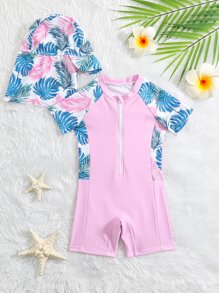 SHEIN Baby Girl Tropical Print Zipper Front One Piece Swimsuit & Swim Cap - Multicolor - View 1