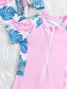 SHEIN Baby Girl Tropical Print Zipper Front One Piece Swimsuit & Swim Cap - Multicolor - View 4