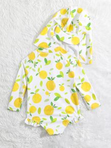 SHEIN Baby Girl Fruit Print Ruffle Trim Zipper Front One Piece Swimsuit With Hat - White - View 2