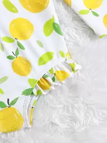 SHEIN Baby Girl Fruit Print Ruffle Trim Zipper Front One Piece Swimsuit With Hat - White - View 3