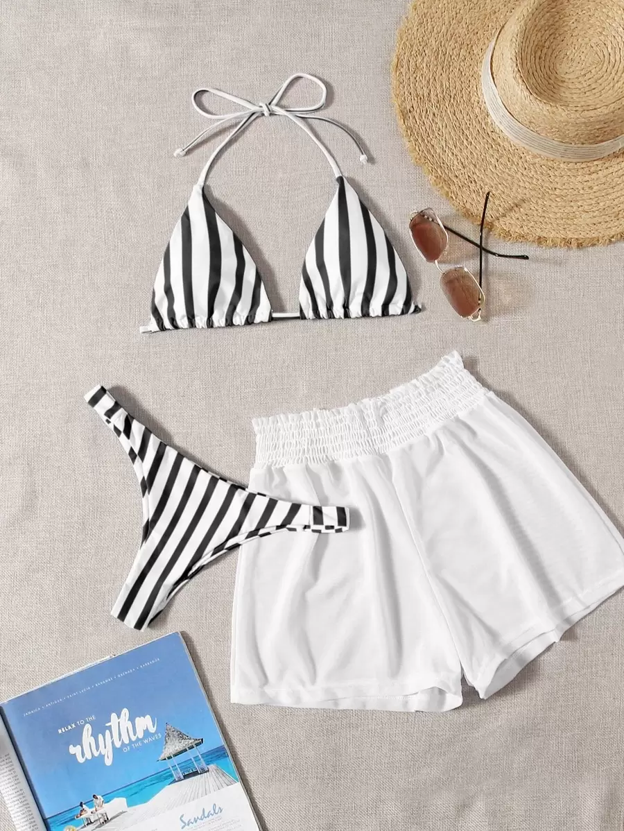SHEIN Swim Summer Beach Striped Triangle Bikini Set & Mesh Shorts - Black and White - View 1