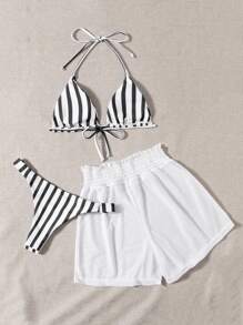 SHEIN Swim Summer Beach Striped Triangle Bikini Set & Mesh Shorts - Black and White - View 2