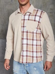 Manfinity Men Plus Plaid Print Pocket Patched Shirt - Khaki - View 1