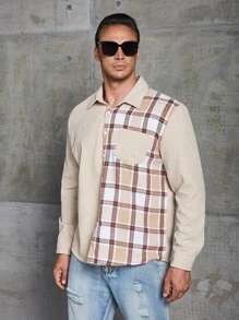 Manfinity Men Plus Plaid Print Pocket Patched Shirt - Khaki - View 3