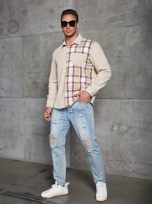 Manfinity Men Plus Plaid Print Pocket Patched Shirt - Khaki - View 4