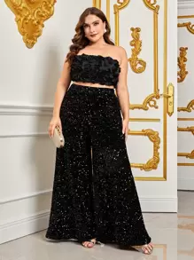 Pantalones de pierna ancha con aplicación floral y lentejuelas en talla grande