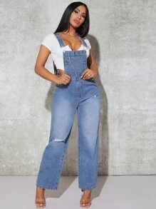 SHEIN SXY Ripped Frayed Patched Pocket Denim Dungarees Without Tee - Light Wash - View 3
