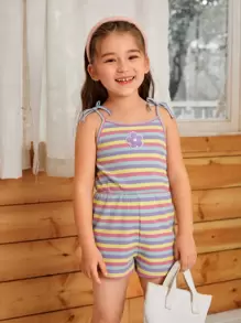 SHEIN Niñitas Mono de tirantes con estampado de rayas floral con parche de hombros con cordón - Multicolor - Ver 1