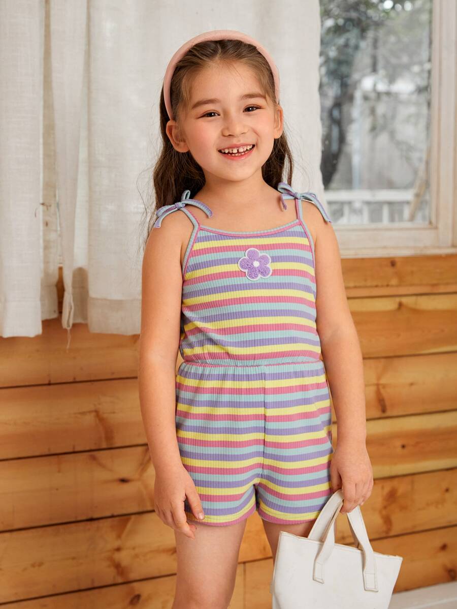 SHEIN Niñitas Mono de tirantes con estampado de rayas floral con parche de hombros con cordón - Multicolor - Ver 1
