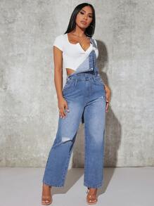 SHEIN SXY Ripped Frayed Patched Pocket Denim Dungarees Without Tee - Light Wash - View 6