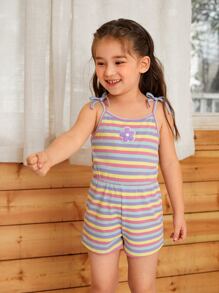 SHEIN Niñitas Mono de tirantes con estampado de rayas floral con parche de hombros con cordón - Multicolor - Ver 3