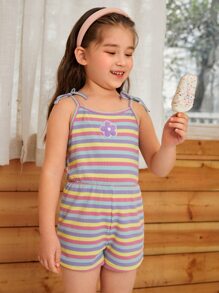 SHEIN Niñitas Mono de tirantes con estampado de rayas floral con parche de hombros con cordón - Multicolor - Ver 4