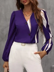 SHEIN Clasi Color Block Button Front Blouse - Violet Purple - View 1