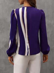 SHEIN Clasi Color Block Button Front Blouse - Violet Purple - View 2