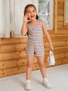 SHEIN Niñitas Mono de tirantes con estampado de rayas floral con parche de hombros con cordón - Multicolor - Ver 5