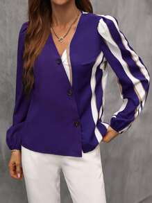 SHEIN Clasi Color Block Button Front Blouse - Violet Purple - View 3