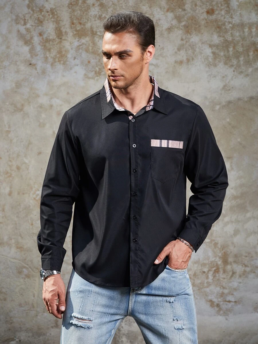 Manfinity Men Plus Plaid Print Pocket Patched Shirt - Black - View 1