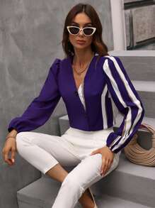 SHEIN Clasi Color Block Button Front Blouse - Violet Purple - View 4