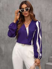 SHEIN Clasi Color Block Button Front Blouse - Violet Purple - View 5