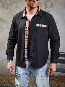 Manfinity Men Plus Plaid Print Pocket Patched Shirt - Black - View 3