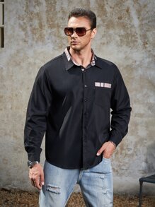 Manfinity Men Plus Plaid Print Pocket Patched Shirt - Black - View 4