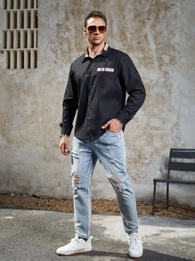 Manfinity Men Plus Plaid Print Pocket Patched Shirt - Black - View 6