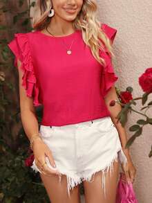 SHEIN Privé Ruffle Trim Keyhole Back Blouse - Hot Pink - View 3