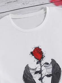 SHEIN LUNE Floral & Wings Print Tee - White - View 3