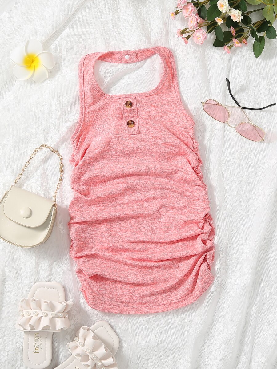 Bebé Vestido halter tejido jaspeado fruncido - Rosa - Ver 1