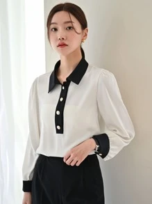 DAZY Contrast Collar Puff Sleeve Shirt - Beige - View 6