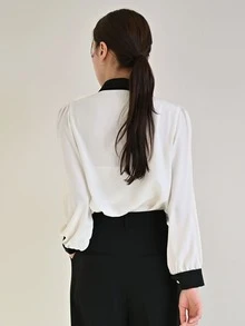 DAZY Contrast Collar Puff Sleeve Shirt - Beige - View 2