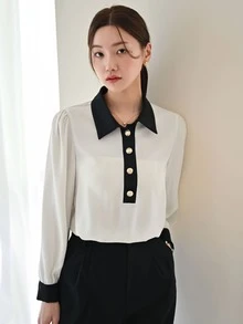 DAZY Contrast Collar Puff Sleeve Shirt - Beige - View 4