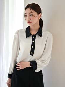 DAZY Contrast Collar Puff Sleeve Shirt - Beige - View 5
