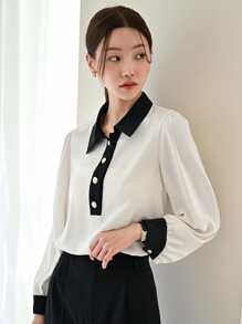 DAZY Contrast Collar Puff Sleeve Shirt - Beige - View 1