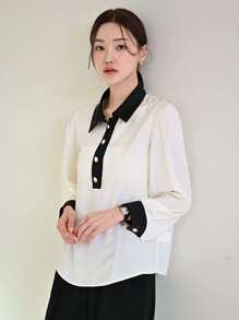 DAZY Contrast Collar Puff Sleeve Shirt - Beige - View 8