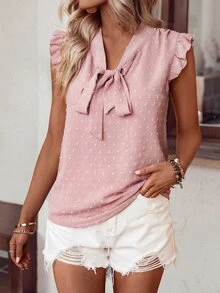 SHEIN LUNE Swiss Dot Tie Neck Ruffle Trim Blouse - Pink - View 6