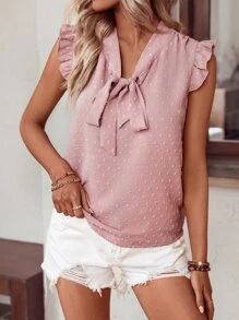 SHEIN LUNE Swiss Dot Tie Neck Ruffle Trim Blouse - Pink - View 2