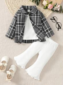 Đứa bé gái Kẻ sọc Áo sơ mi & Ren Mộc nhĩ Quần ống loe & Chất rắn Cami ngọn - Nhiều màu - Xem 3