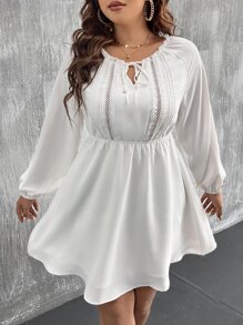 SHEIN LUNE Plus Tie Neck Guipure Lace Insert Lantern Sleeve Dress - White - View 1