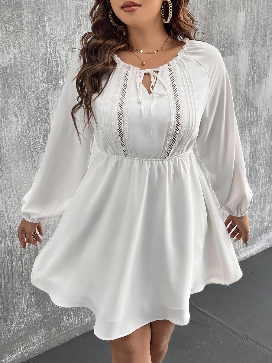 SHEIN LUNE Plus Tie Neck Guipure Lace Insert Lantern Sleeve Dress - White - View 1